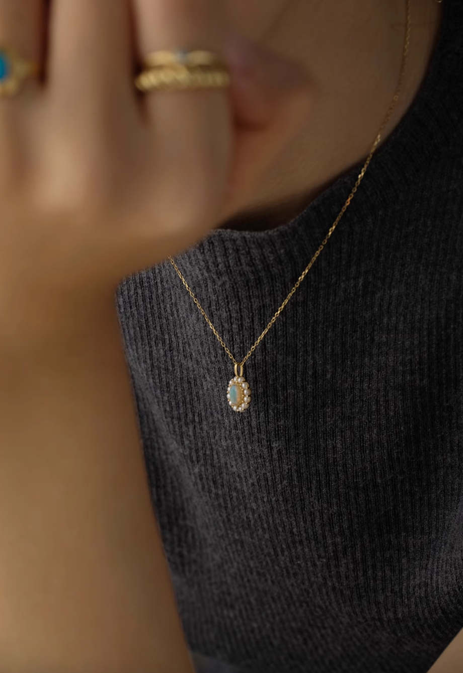 Moonlit, 18k Gold Australian Opal and Pearl Necklace