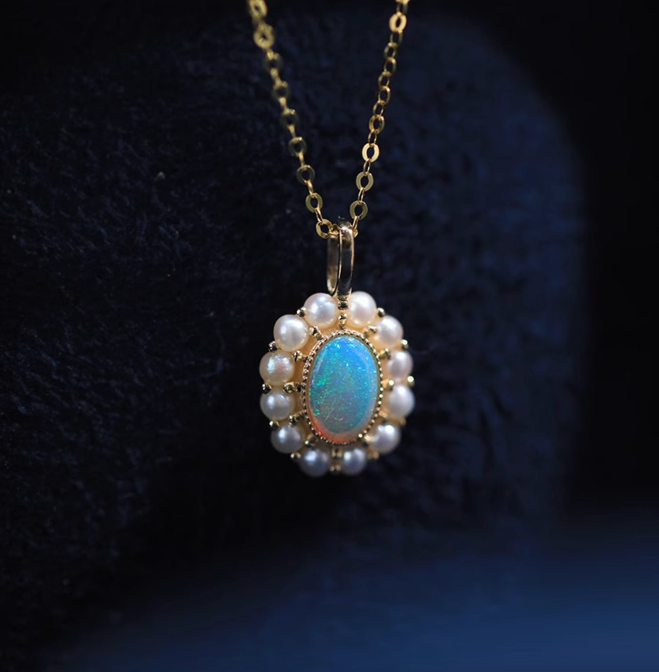 Moonlit, 18k Gold Australian Opal and Pearl Necklace