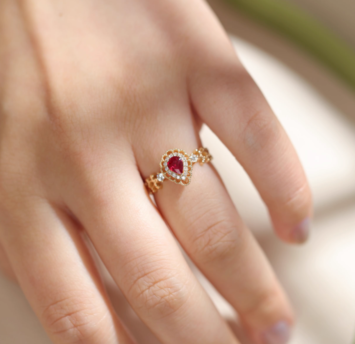 Victorian Rose 18k Ruby Ring, Classic Ruby engagement ring
