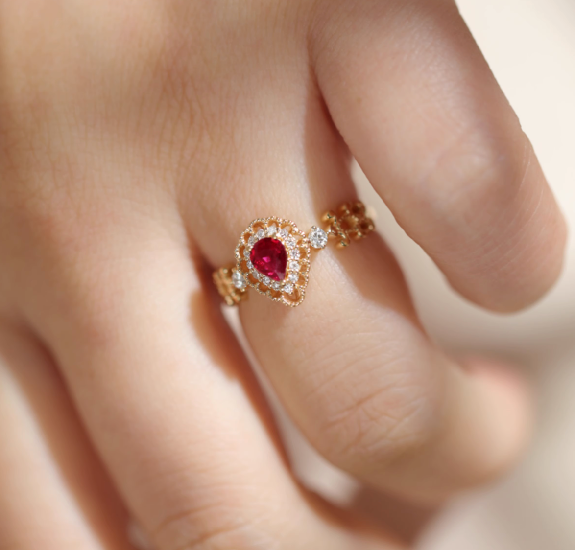 Victorian Rose 18k Ruby Ring, Classic Ruby engagement ring