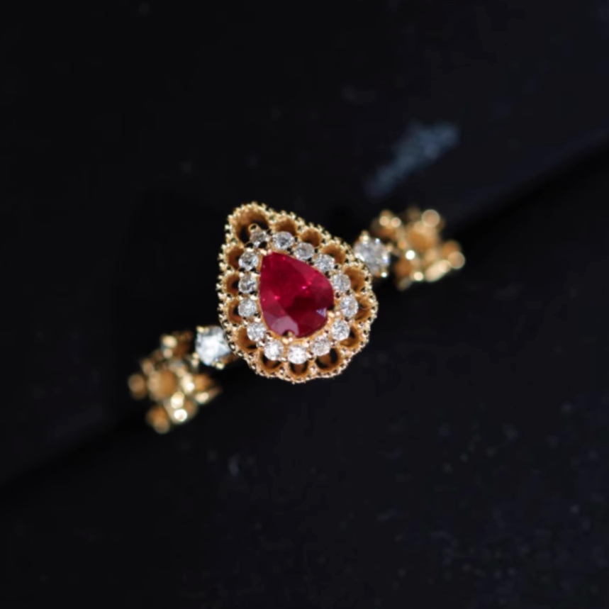 Victorian Rose 18k Ruby Ring, Classic Ruby engagement ring