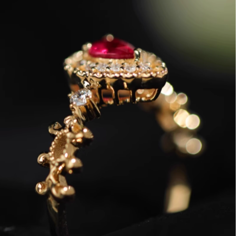 Victorian Rose 18k Ruby Ring, Classic Ruby engagement ring