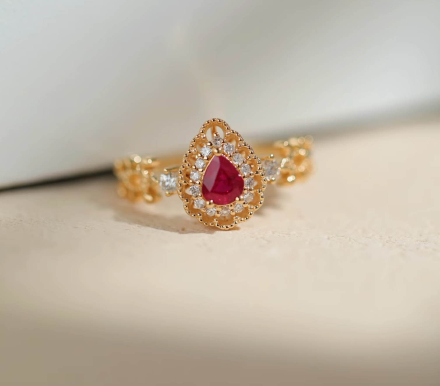Victorian Rose 18k Ruby Ring, Classic Ruby engagement ring