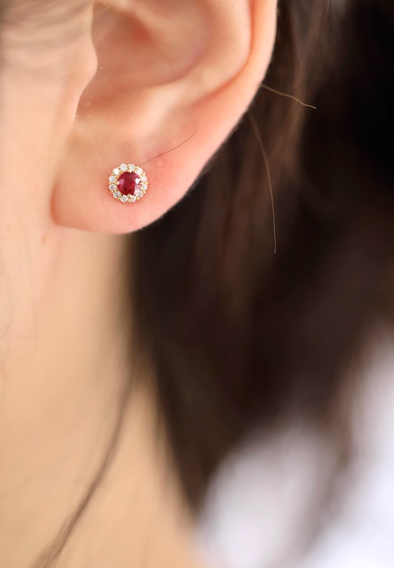 Pele, 18k Gold Pink Ruby Studs, Natural Diamond Ruby Studs