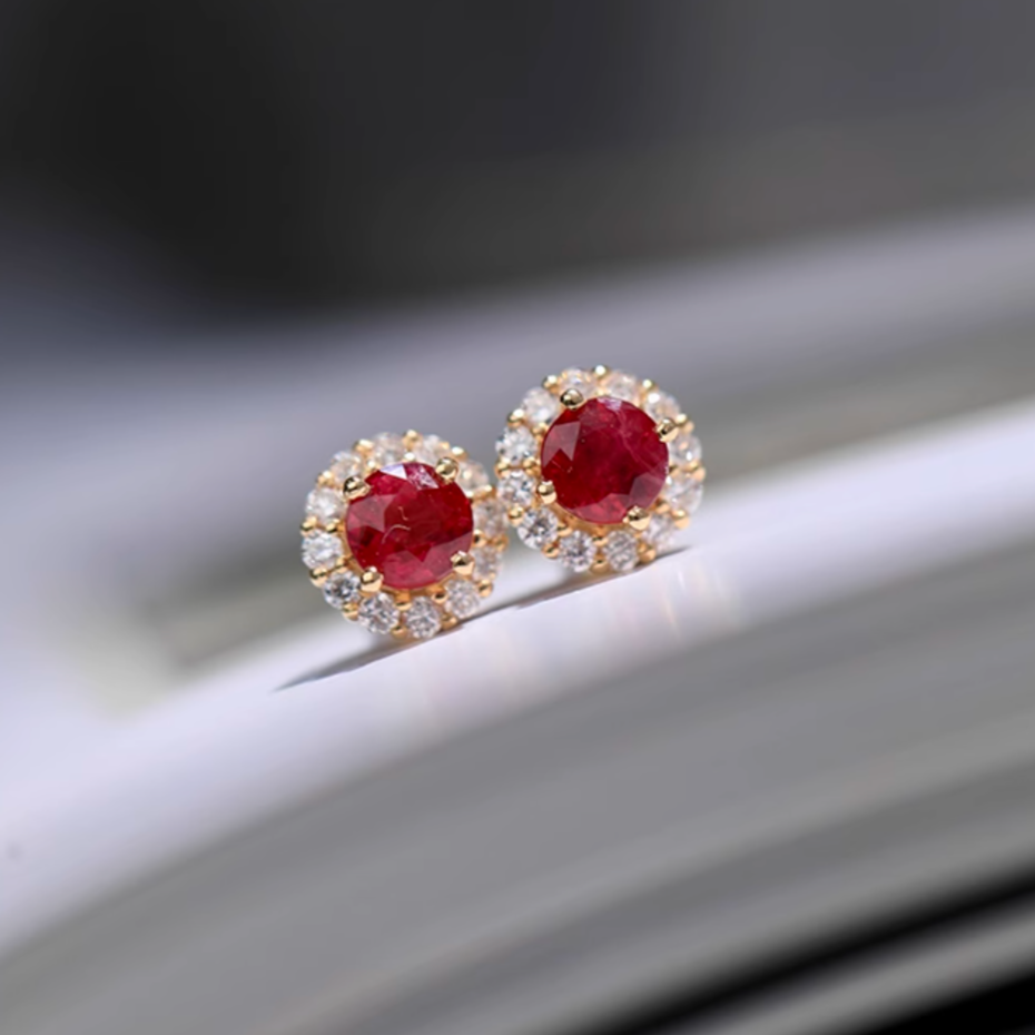 Pele, 18k Gold Pink Ruby Studs, Natural Diamond Ruby Studs