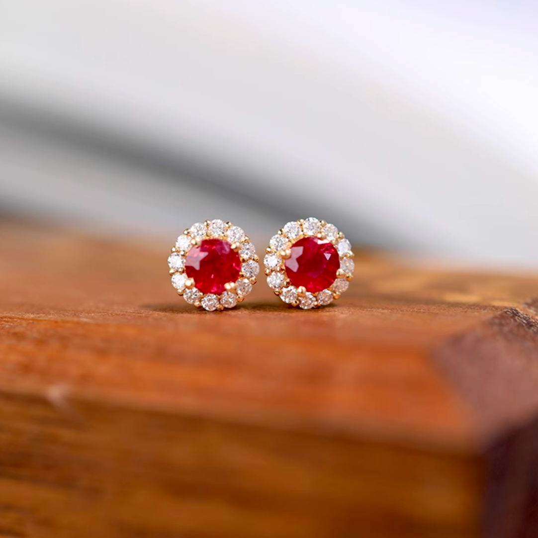 Pele, 18k Gold Pink Ruby Studs, Natural Diamond Ruby Studs