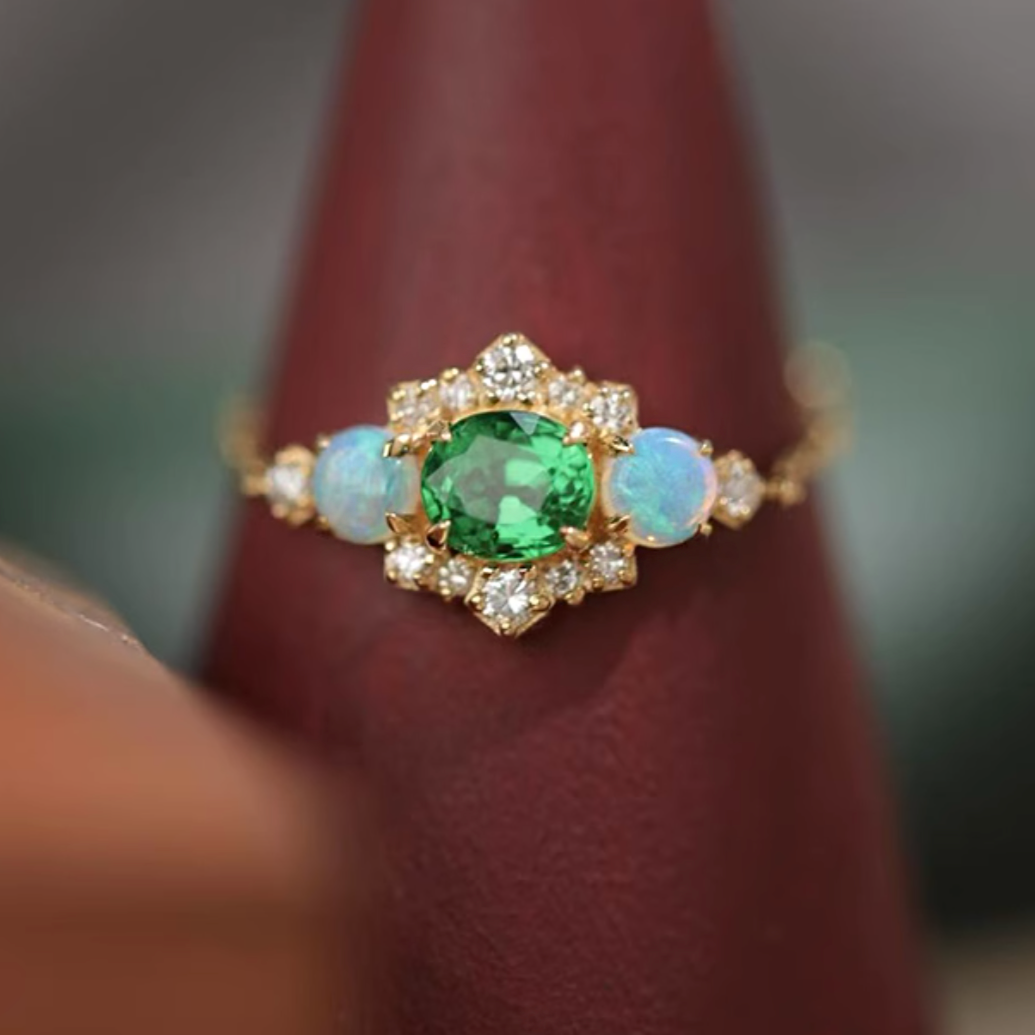 18k Tsavorite Chain Ring, Birthstone engagement ring, Opal Ring
