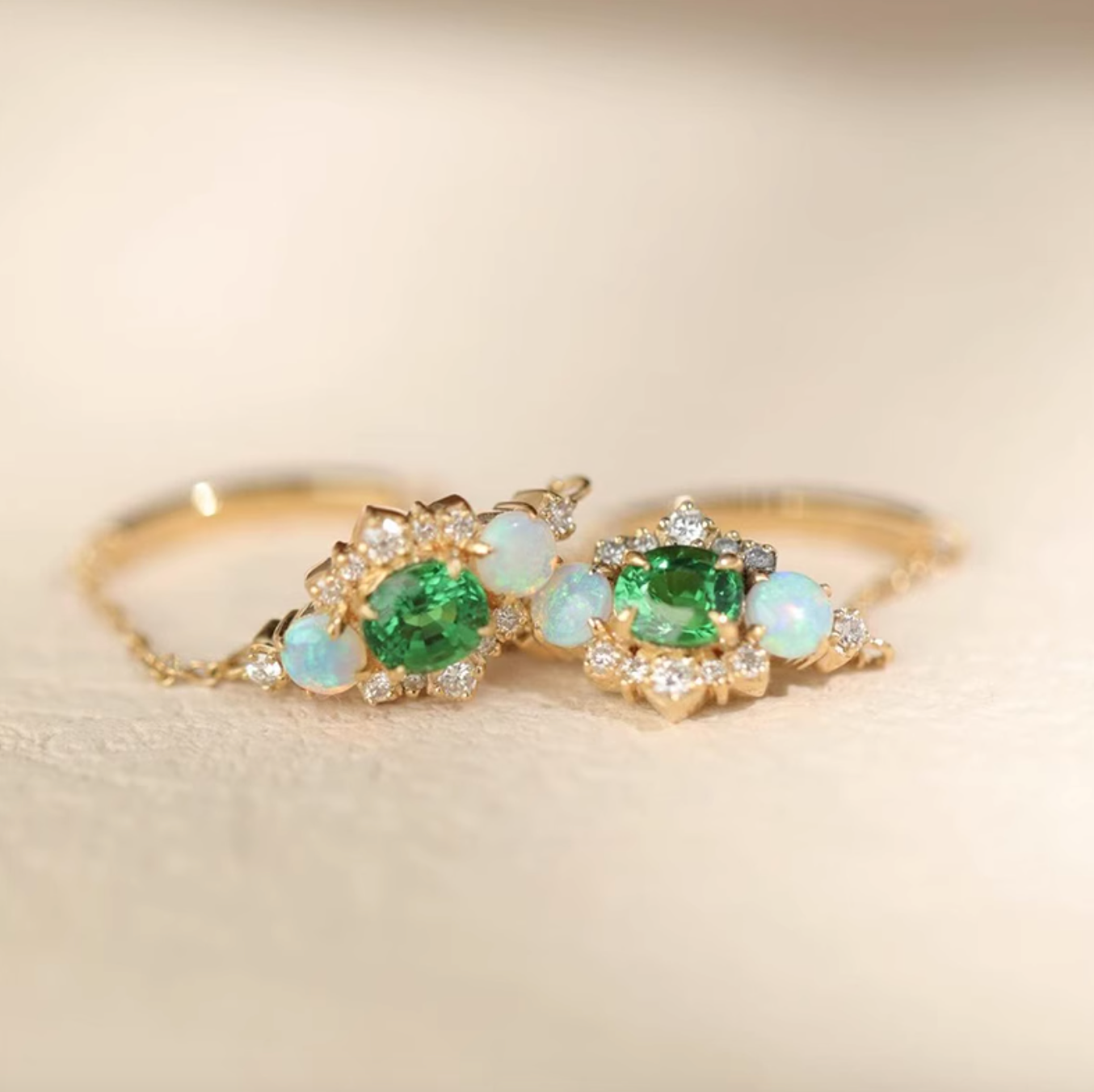 18k Tsavorite Chain Ring, Birthstone engagement ring, Opal Ring