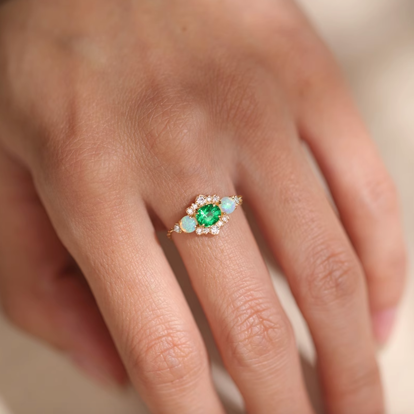 18k Tsavorite Chain Ring, Birthstone engagement ring, Opal Ring