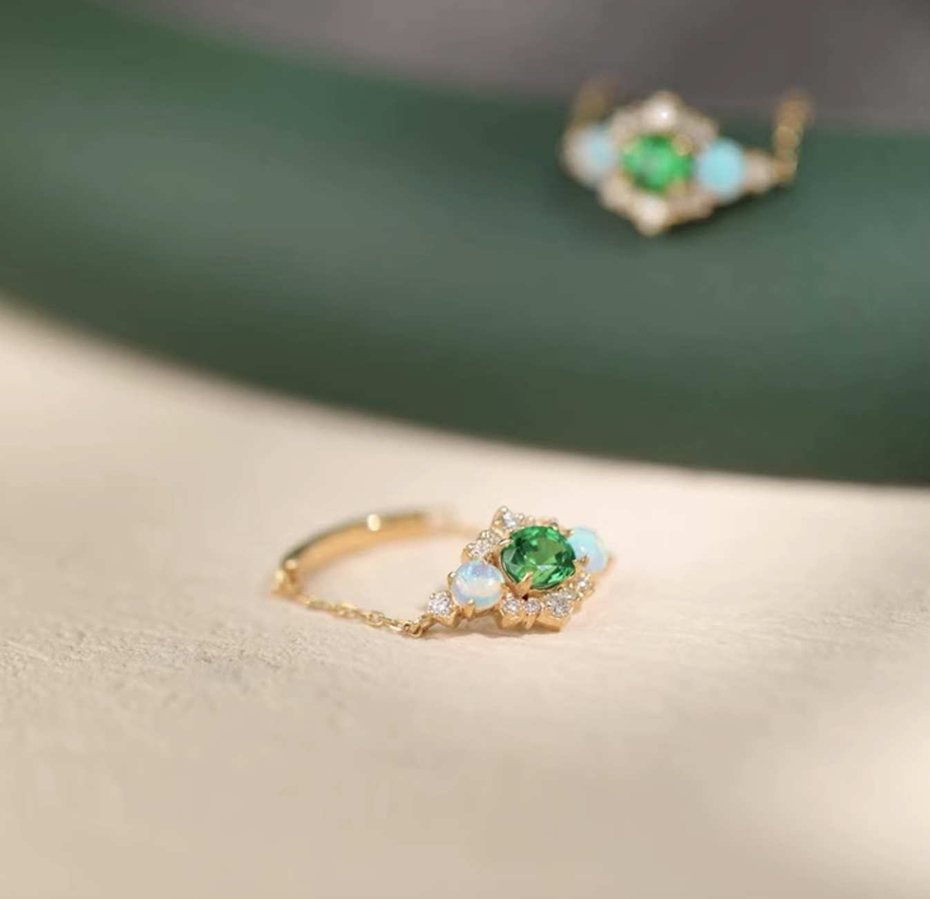 18k Tsavorite Chain Ring, Birthstone engagement ring, Opal Ring