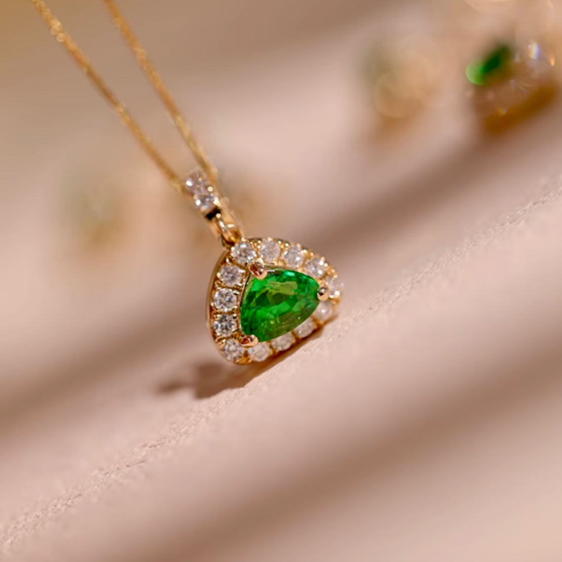 Dune's Garden 18k Gold Tsavorite necklace, Solid Gold Tsavorite pendant with Diamond