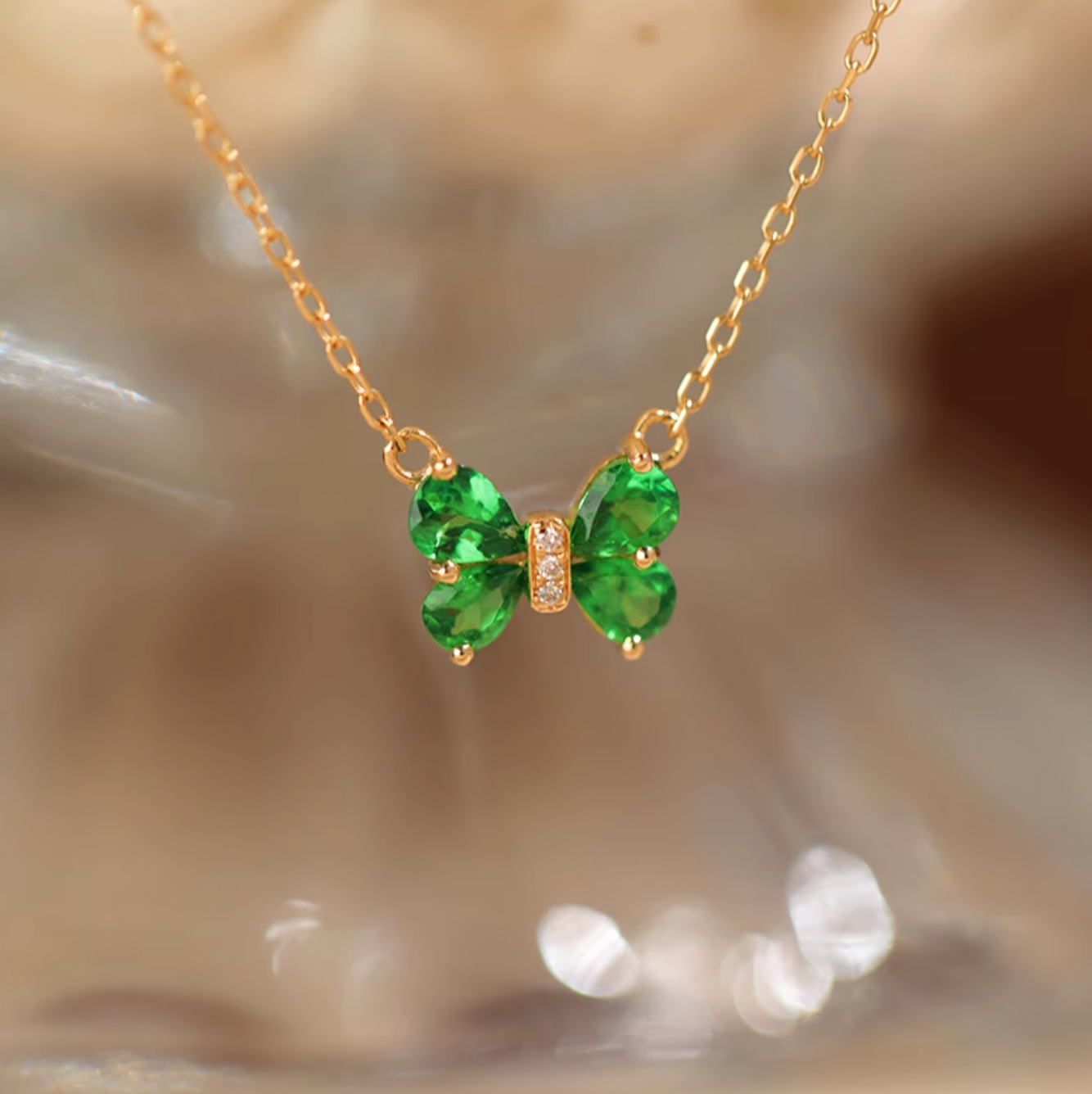 Lucky Butterfly 18k Gold Green Tsavorite Necklace, butterfly Tsavorite Necklace