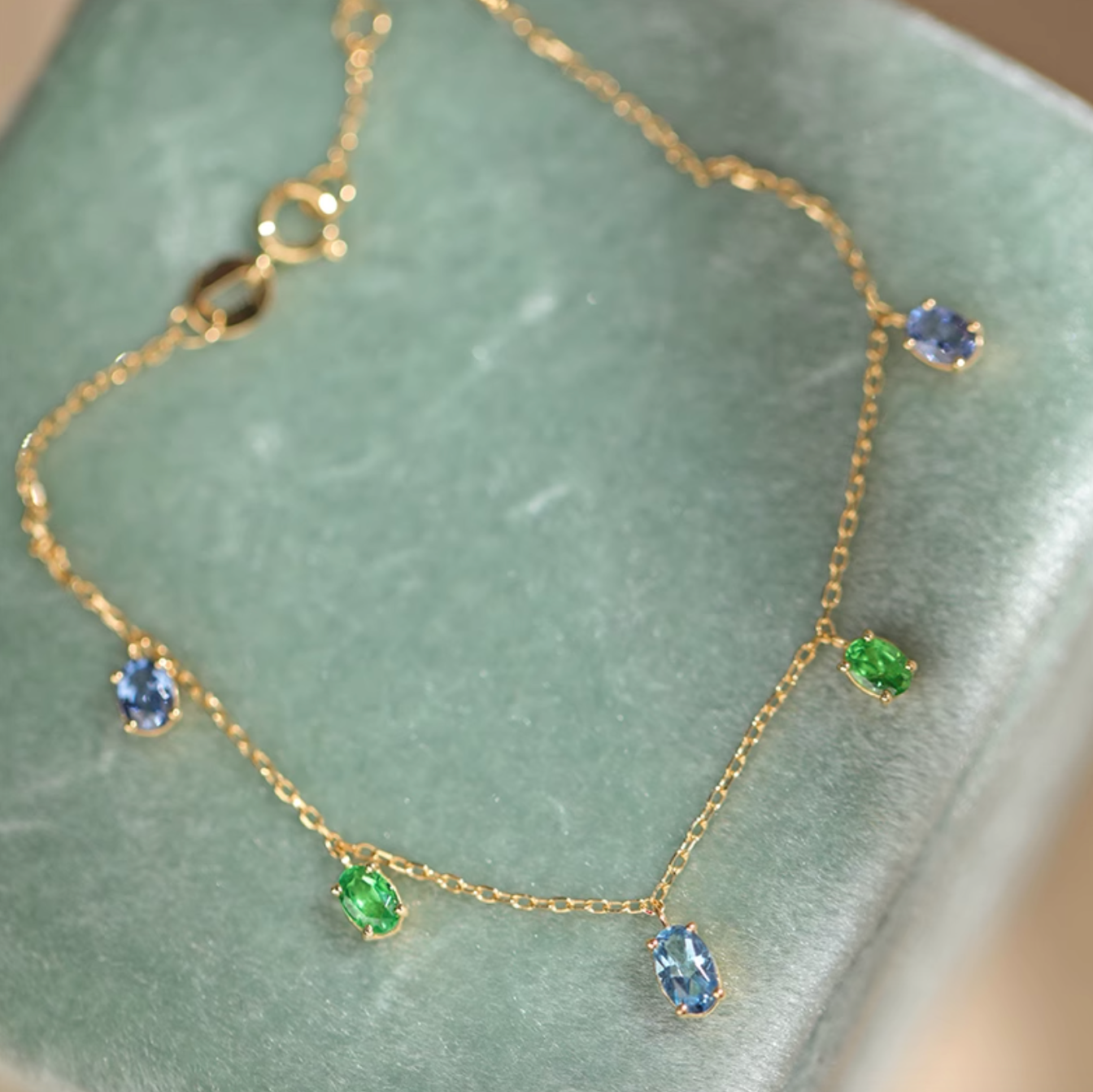Multistone Birthstone Bracelet, 18k Gold Bracelet, Tsavorite, Aquamarian and Spinal Bracelet
