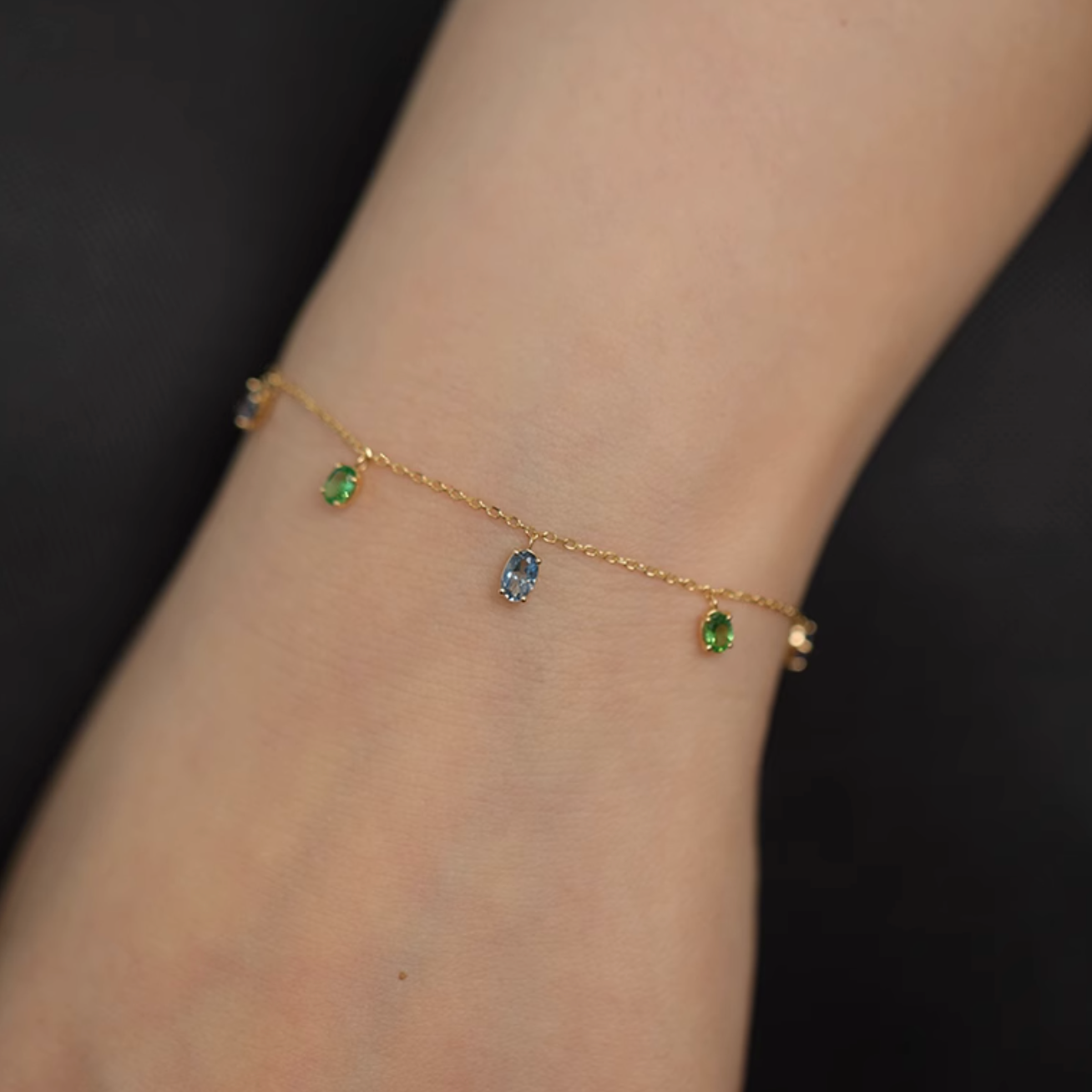 Multistone Birthstone Bracelet, 18k Gold Bracelet, Tsavorite, Aquamarian and Spinal Bracelet