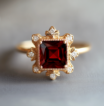 Load image into Gallery viewer, Baroque Flame Red Square Garnet Ring, Red Garnet engagement ring
