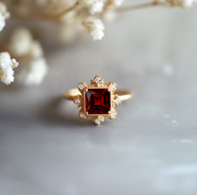 Load image into Gallery viewer, Baroque Flame Red Square Garnet Ring, Red Garnet engagement ring
