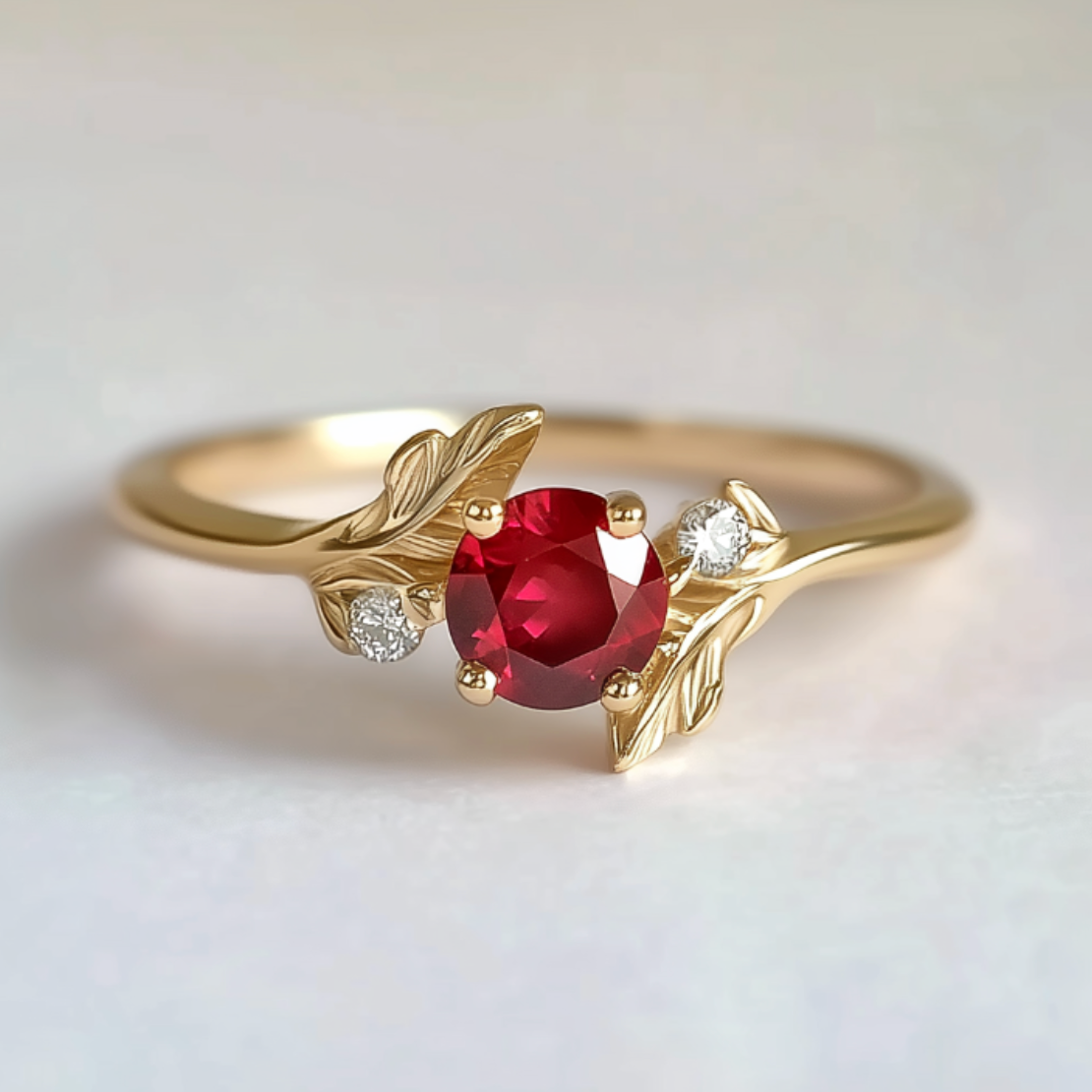 A gold ring featuring a central ruby with leaf motifs and small diamond accents on a white background.