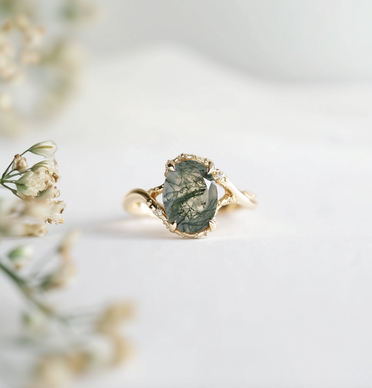 Mirelle Oval Moss agate ring with diamond, Engagement ring, Solid Gold Moss agate Ring
