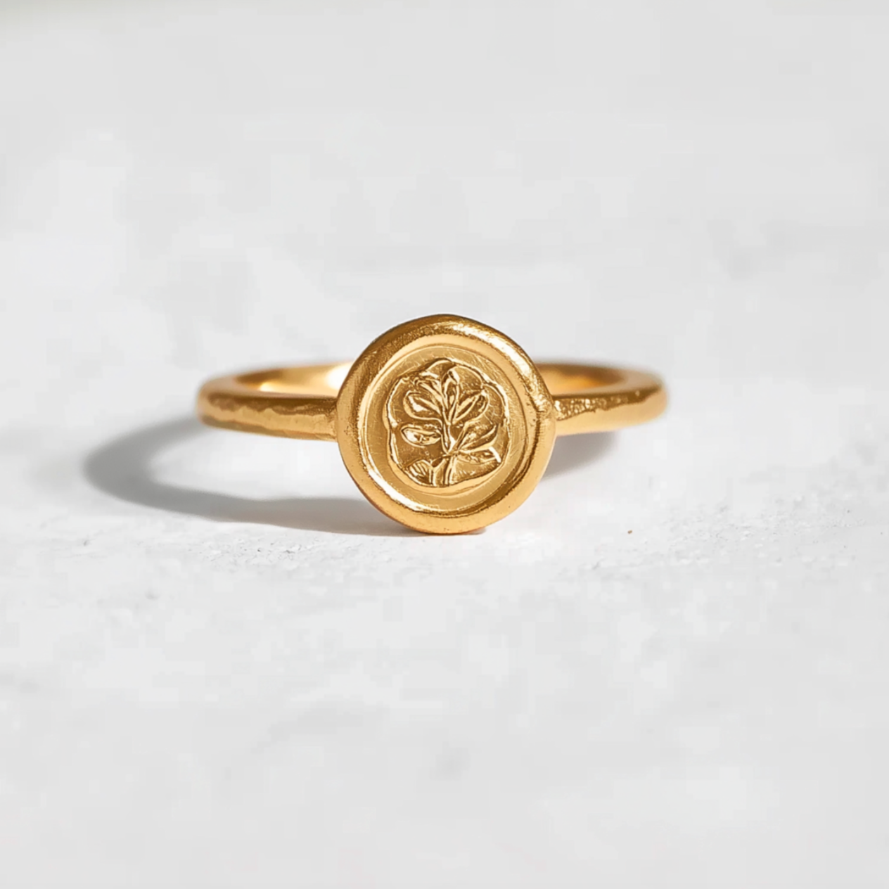 24k Gold Victory Stamp ring, Laurel Leaf Embossed Stamp Ring, Pure Gold Ring