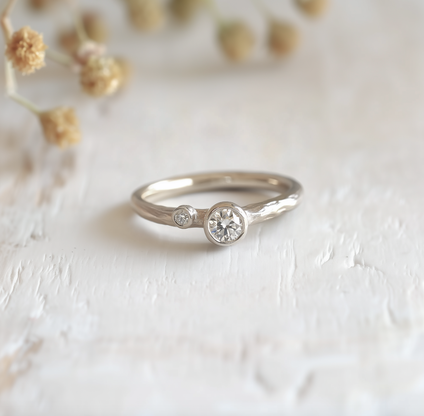 14k Twig Diamond Engagement Ring in Solid Gold, Brilliant cut Diamond Ring