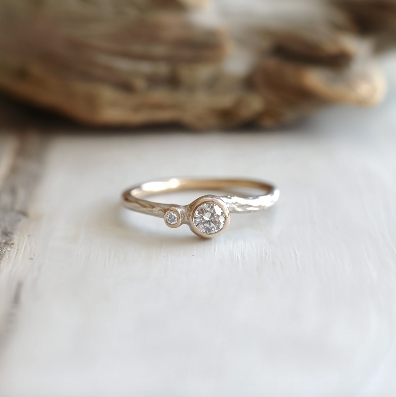 Simple Twig Diamond Engagement Ring in Solid Gold, Brilliant cut Diamond Ring