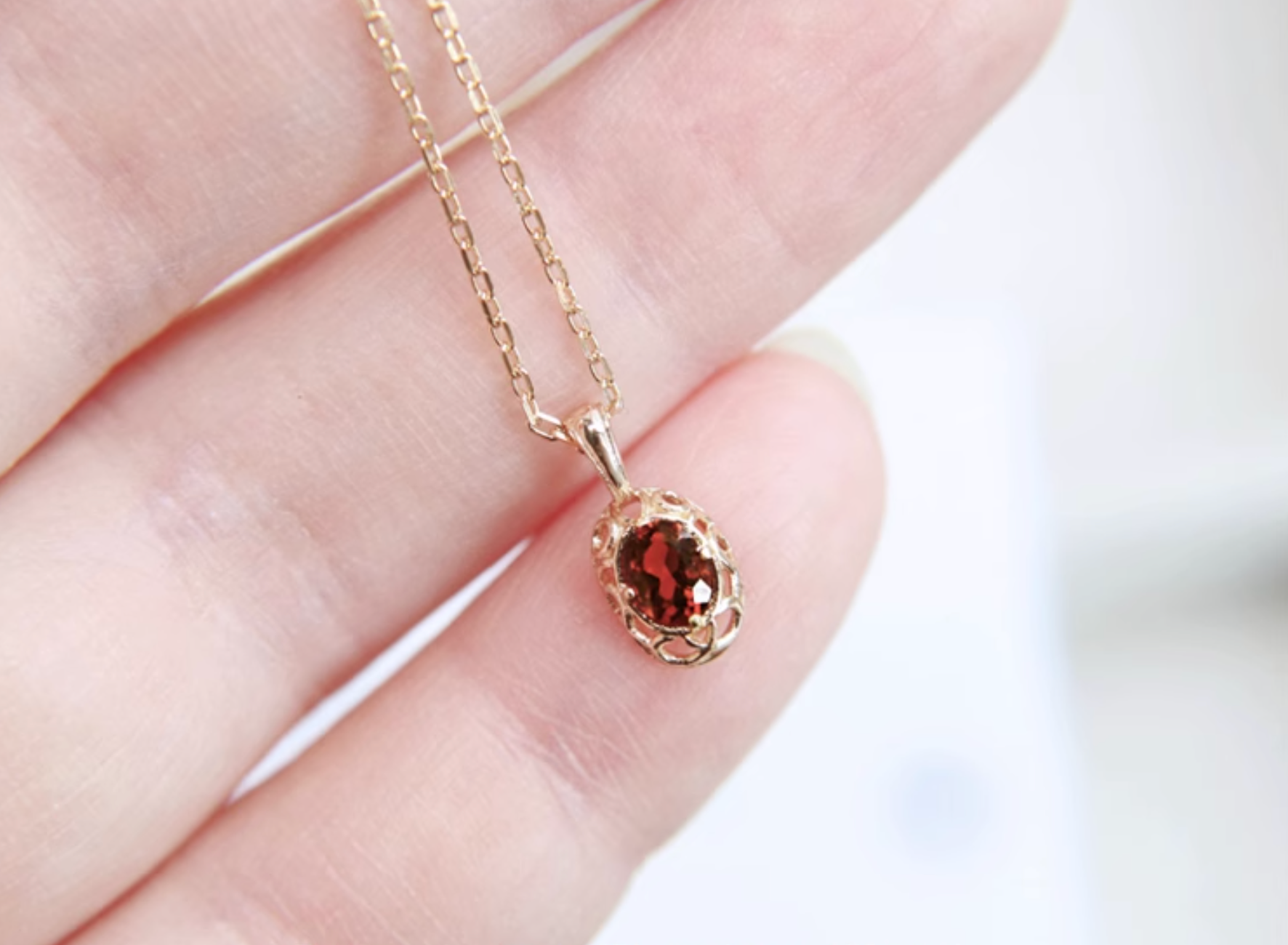 Natural Oval Garnet Necklace Sterling silver, Dainty Red Garnet Birthstone Pendant