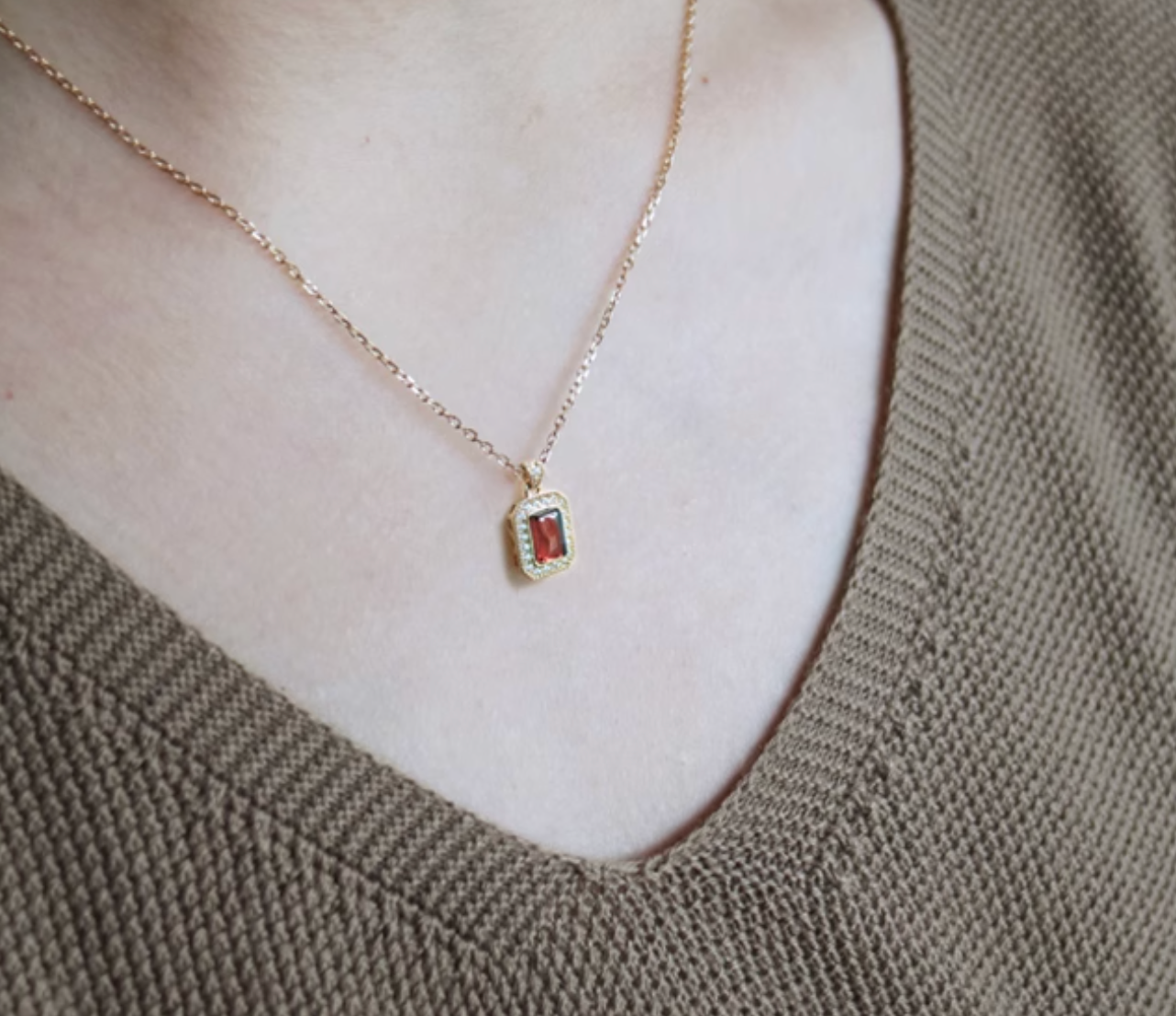 Natural Rectangle Garnet Necklace Sterling silver, Red Garnet Birthstone Pendant