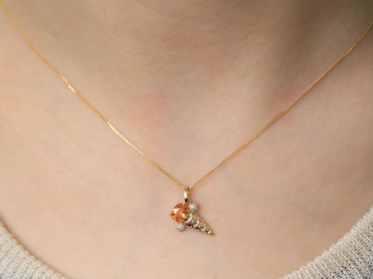 Ice Cream Cone Fanta Garnet 18k Gold Necklace, Spessartine garnets Necklace, Orange Garnet Pendant
