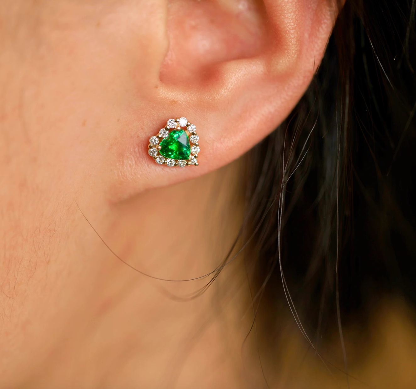 Heart Tsavorite and diamond Earrings, 18k Gold Tsavorite Studs