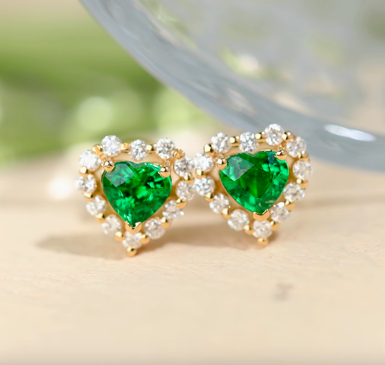 Heart Tsavorite and diamond Earrings, 18k Gold Tsavorite Studs