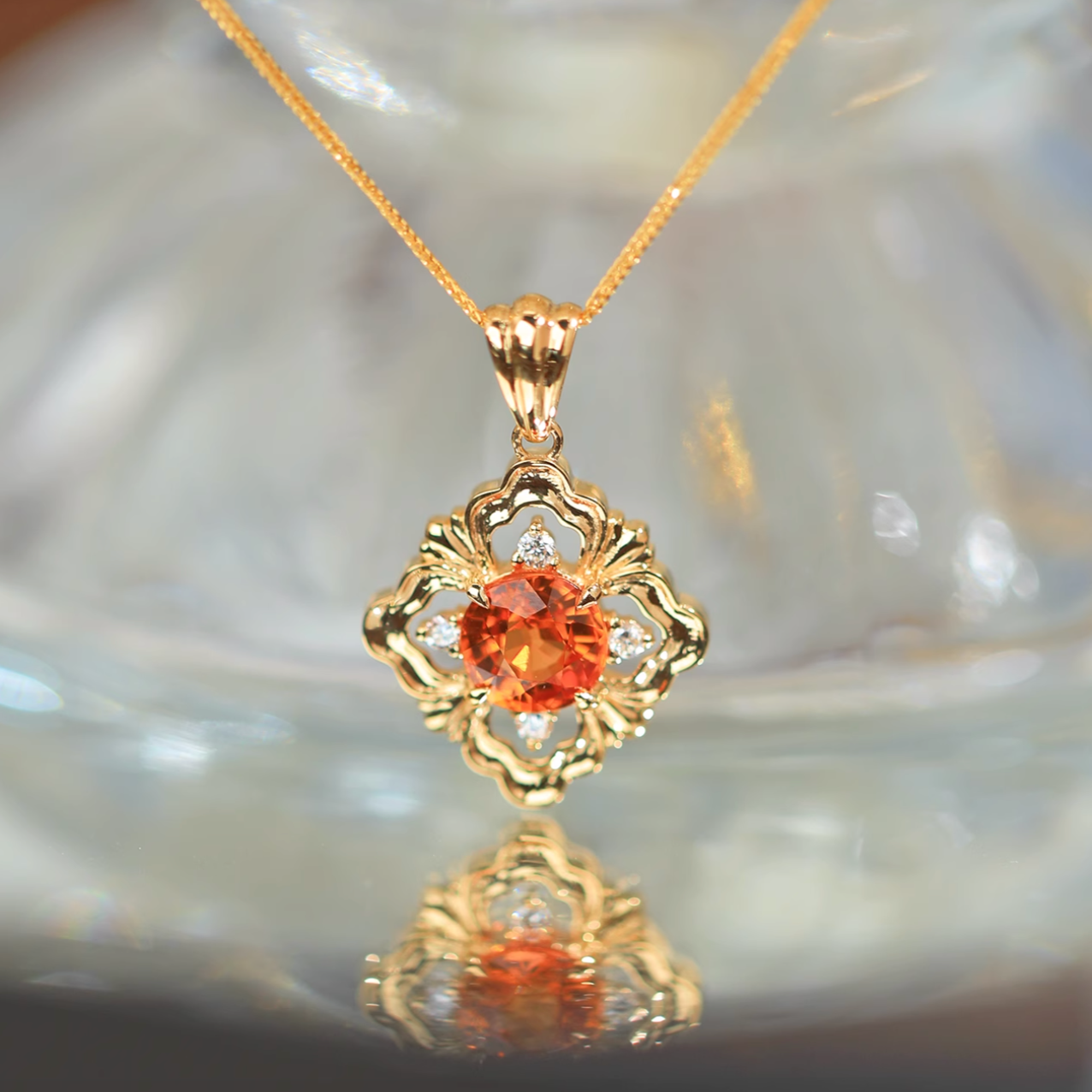 Orange Garnet 18k Gold Necklace, Spessartine garnets Necklace, Orange Garnet Pendant