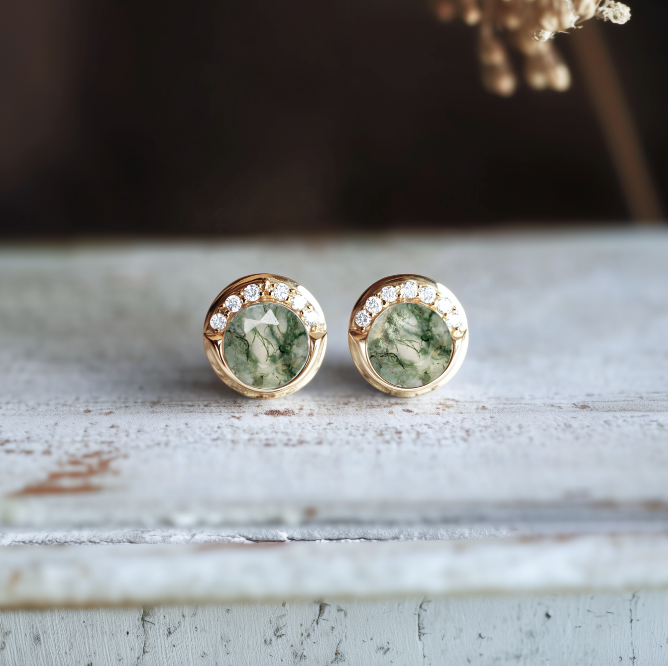 Moss Agate Earring, Round Moss Agate Studs, Single Stud