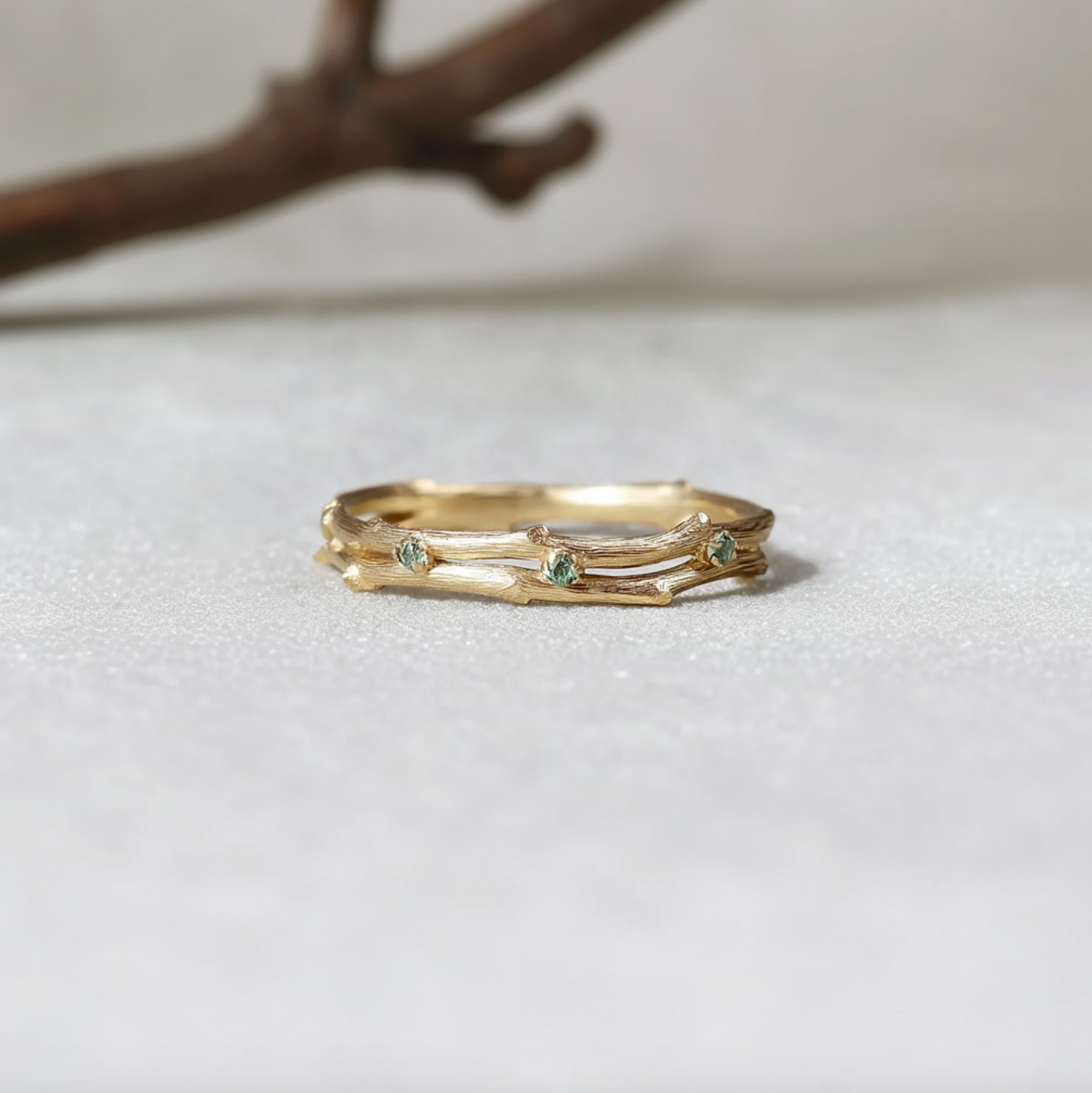 Green Sapphire Double Twig ring, Sapphire Wedding ring, Double Twig Band