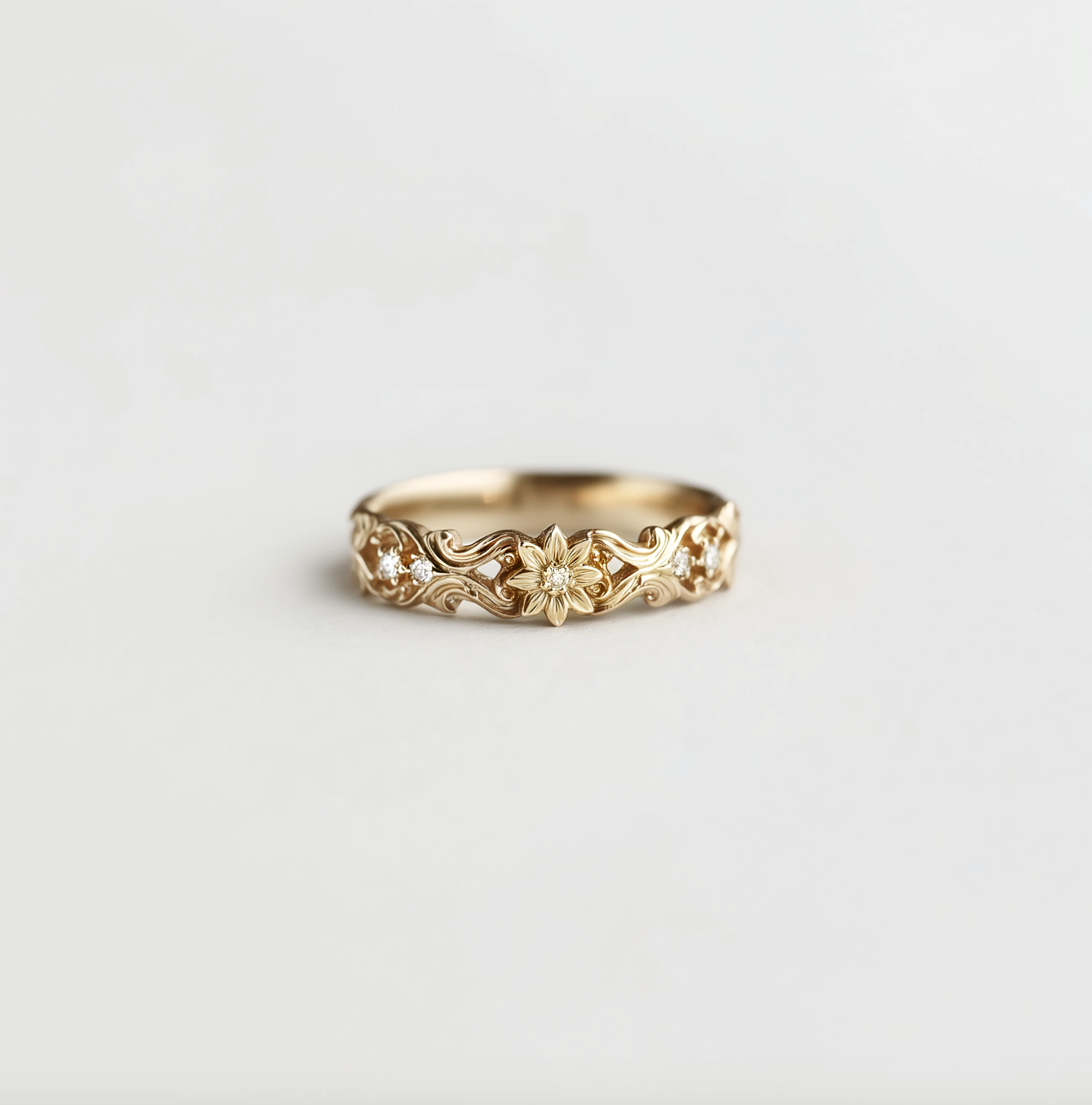 Floral Diamond Wedding Band, Diamond Wedding Ring, Wedding Band with flower