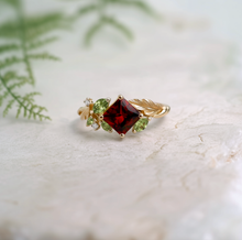 Load image into Gallery viewer, Gold Garnet Engagement Ring, Deep red Garnet engagement ring, Princess Cut Red Garnet Ring
