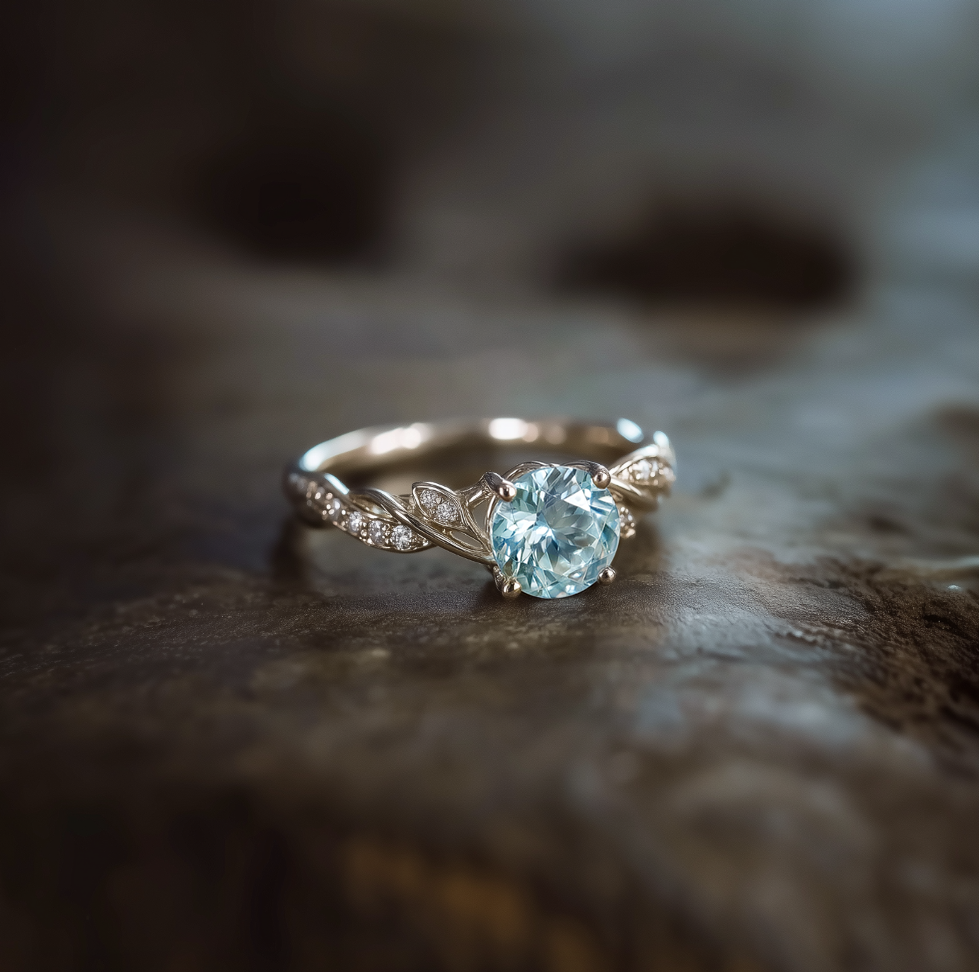 Seafoam Glow Solid Gold Blue Aquamarine Engagement Ring, Aquamarine Engagement ring