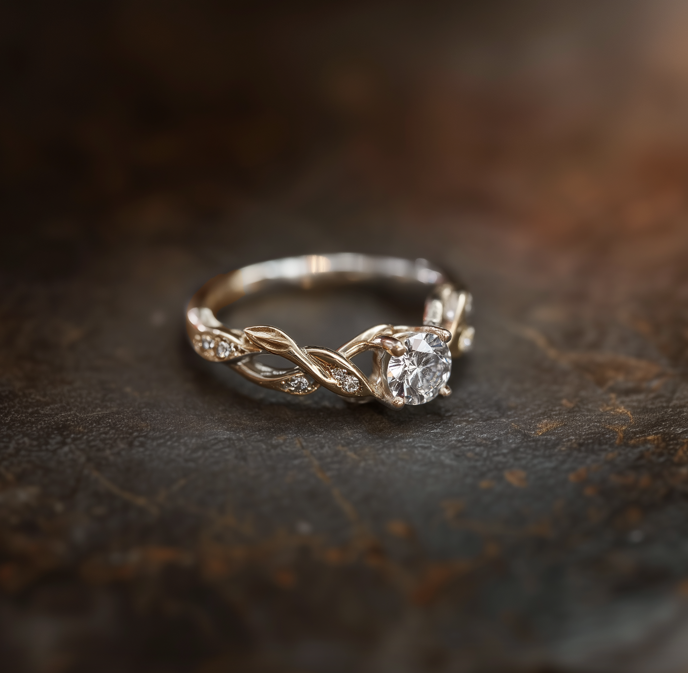 Leafy Diamond Engagement Ring, 14k Gold Diamond Engagement ring, Twisted Leafy Ring