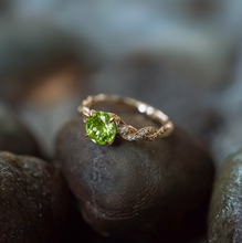Load image into Gallery viewer, 14k Yellow Gold Green Peridot ring, Fine Peridot Engagement ring, Twisted Shank Green Gemstone Ring
