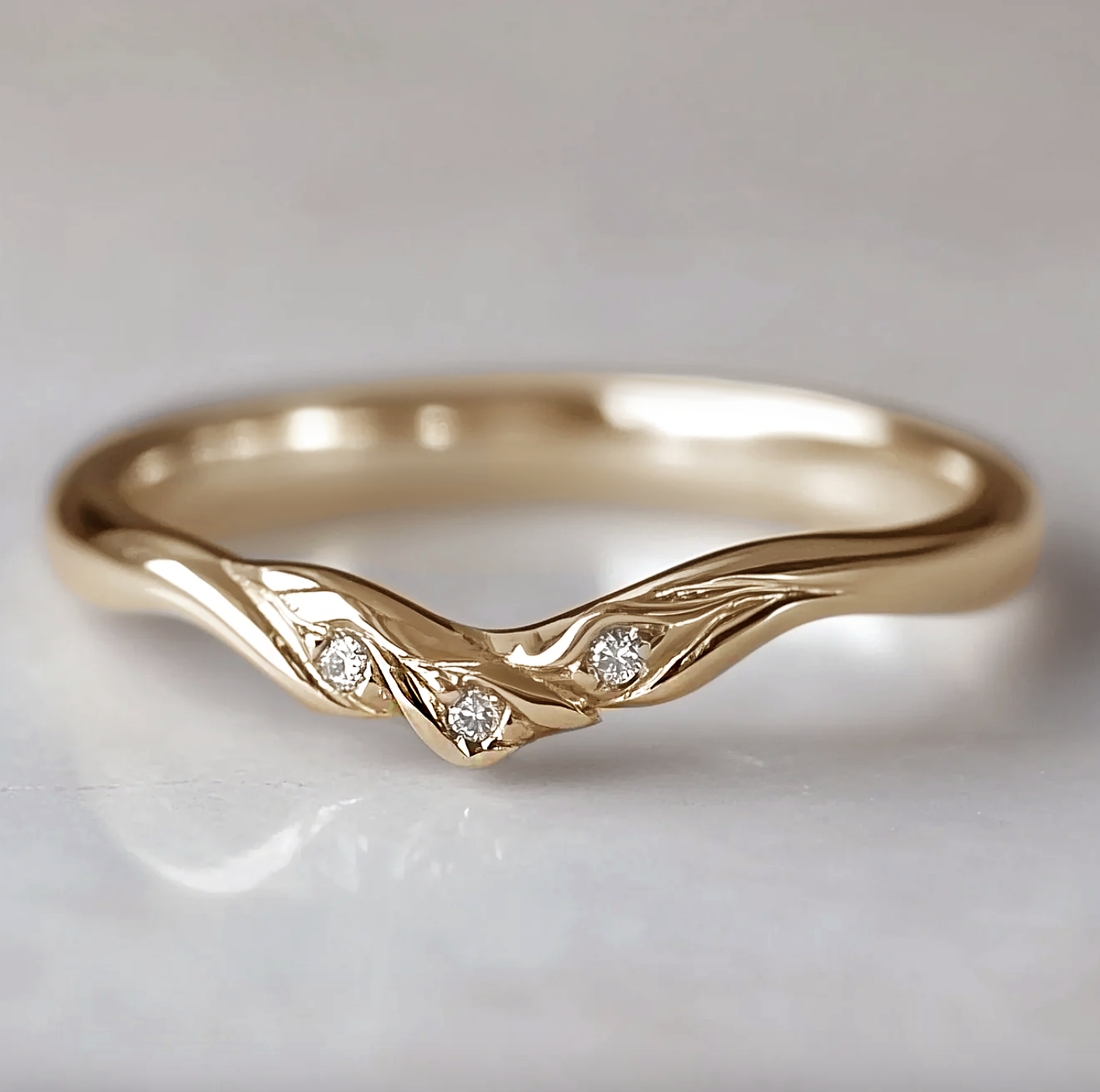 14k Gold Diamond Chevron Wedding band, Matching band