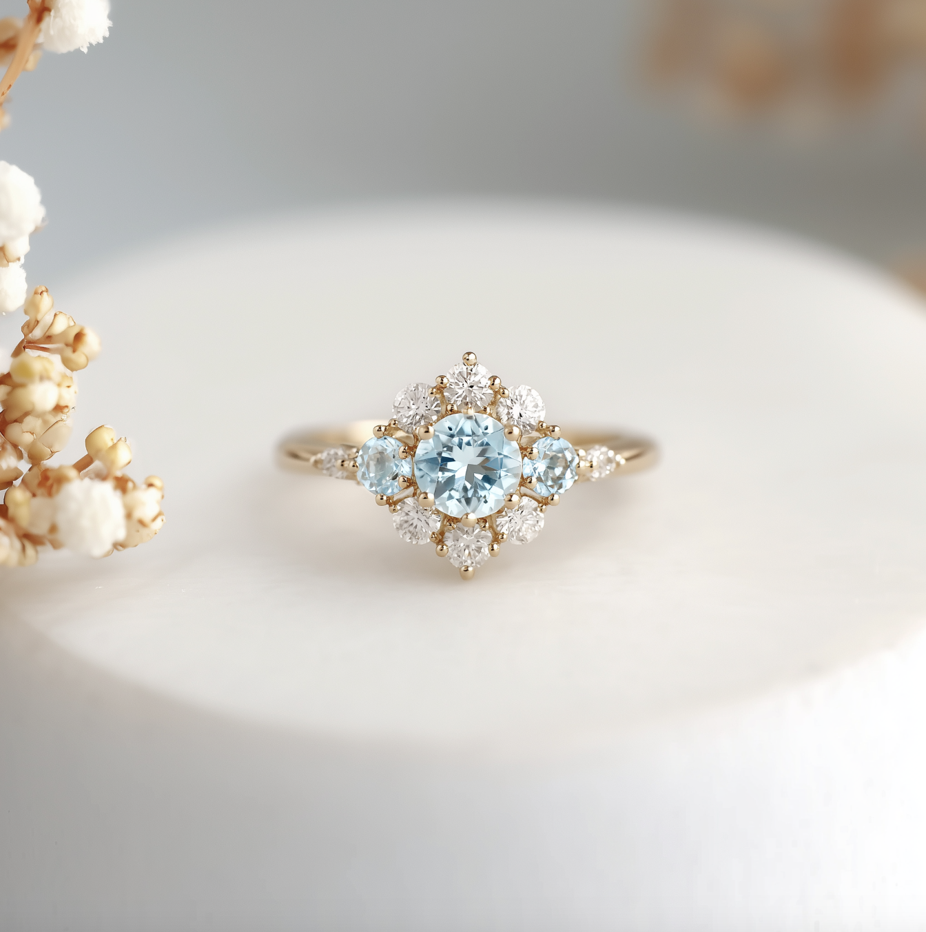 Snow Fall Aquamarine Engagement Ring, 14k Gold Aquamarine Engagement ring