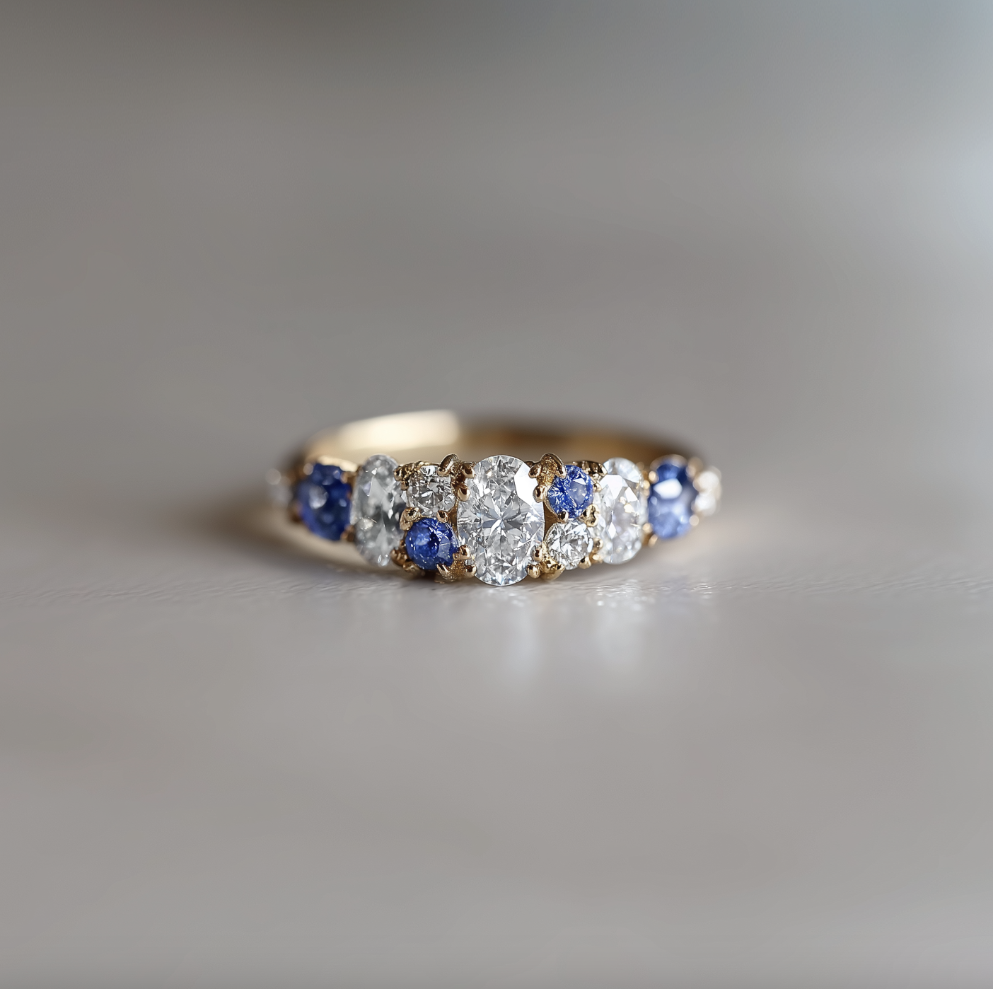 Oceanlight Moissanite and sapphire Gold Wedding Ring, Sapphire Engagement Ring