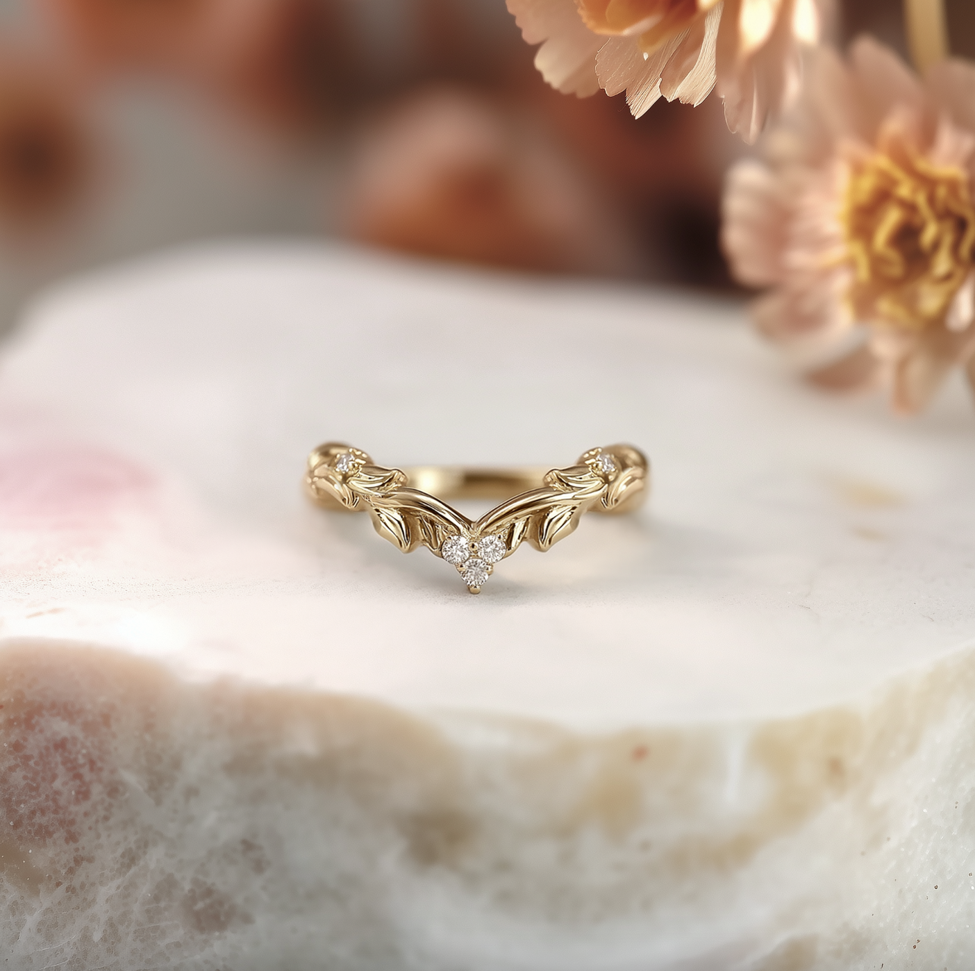 Elowen 14k Gold Wedding band, Twisted Leafy Diamond Wedding stacking Ring for women