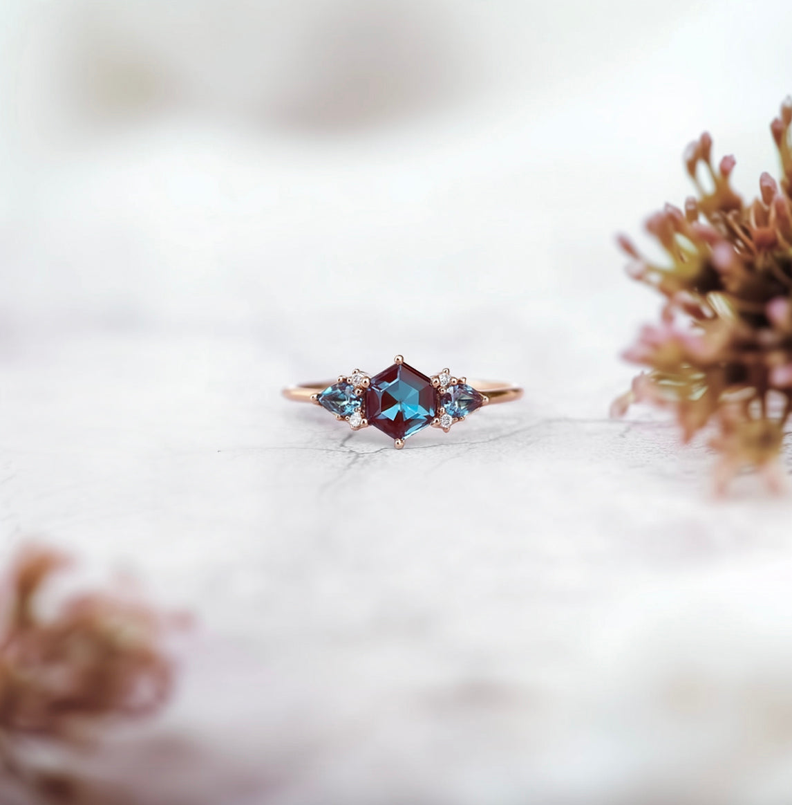 Hexagon Alexandrite Engagement ring, Dainty Alexandrite Ring