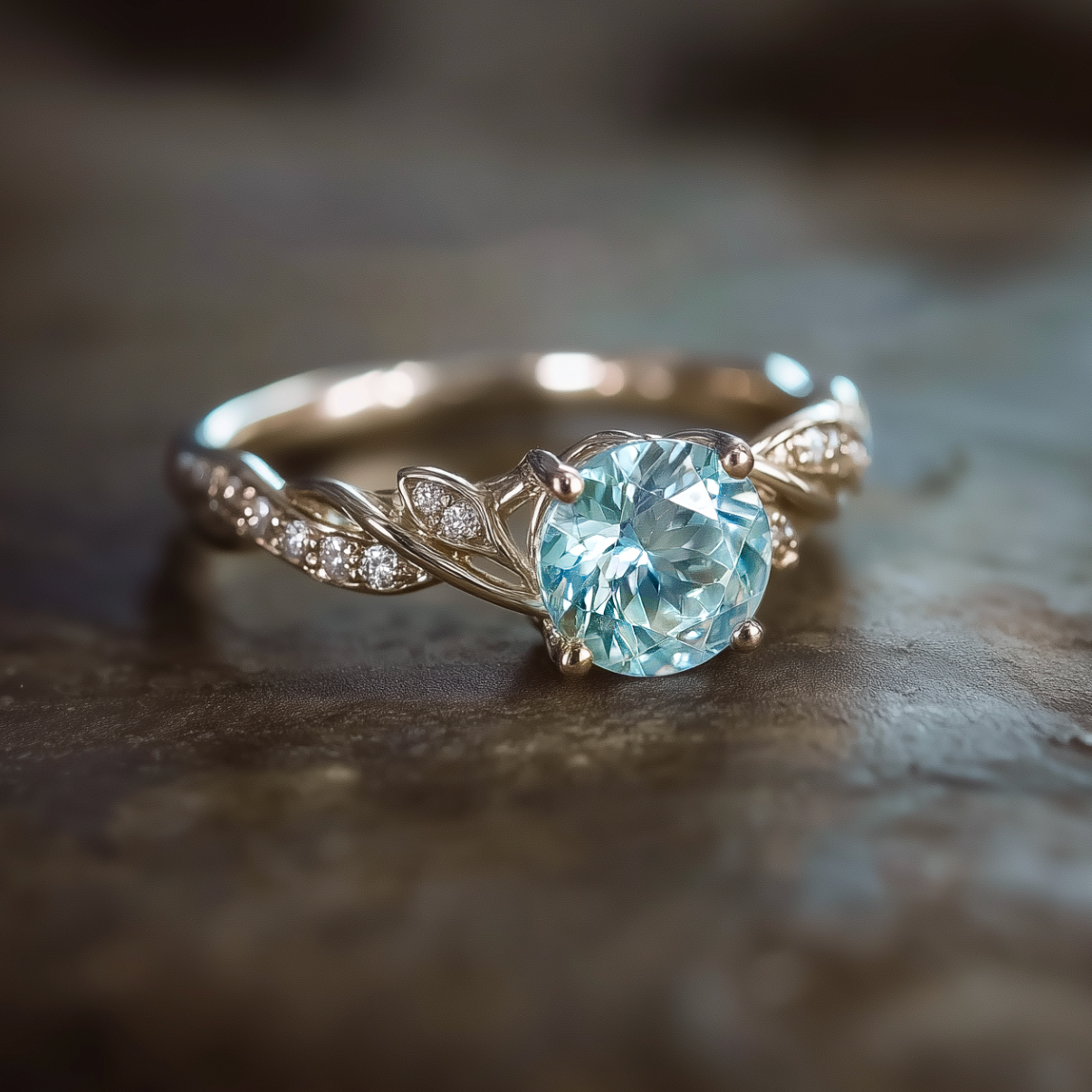 Seafoam Glow Solid Gold Blue Aquamarine Engagement Ring, Aquamarine Engagement ring