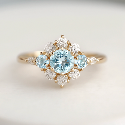 Elegant ring with a central blue gemstone and smaller diamonds on a light background