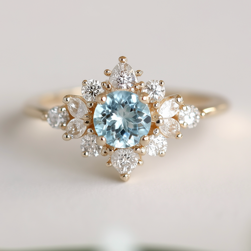 Gold ring with a blue gemstone and smaller diamonds on a light background