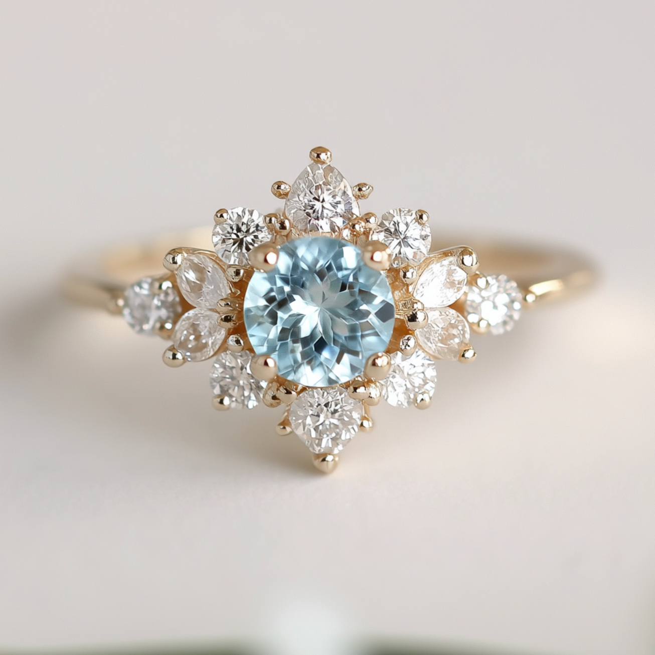 Gold ring with a blue gemstone and smaller diamonds on a light background