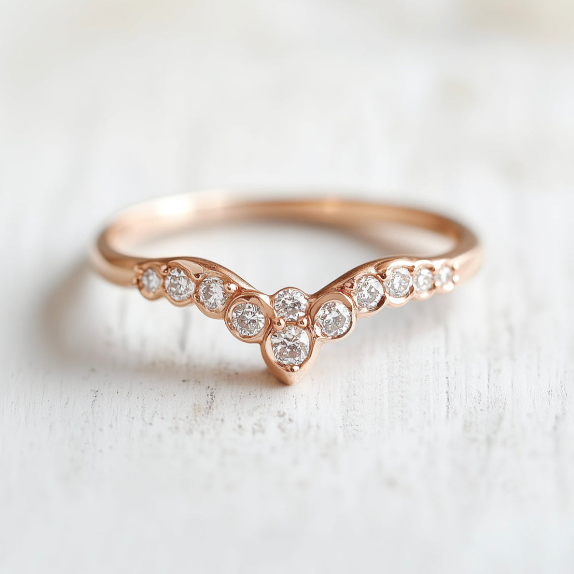 Moonlit Vow 14k Gold Diamond Chevron Wedding band, Stacking Band