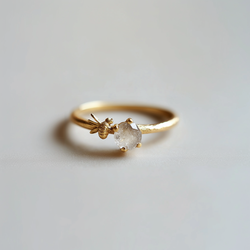 Little Bee Ring with Raw Diamond, Unique Raw Diamond Engagement Ring, Unique Gift