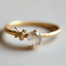 Load image into Gallery viewer, Little Bee Ring with Raw Diamond, Unique Raw Diamond Engagement Ring, Unique Gift
